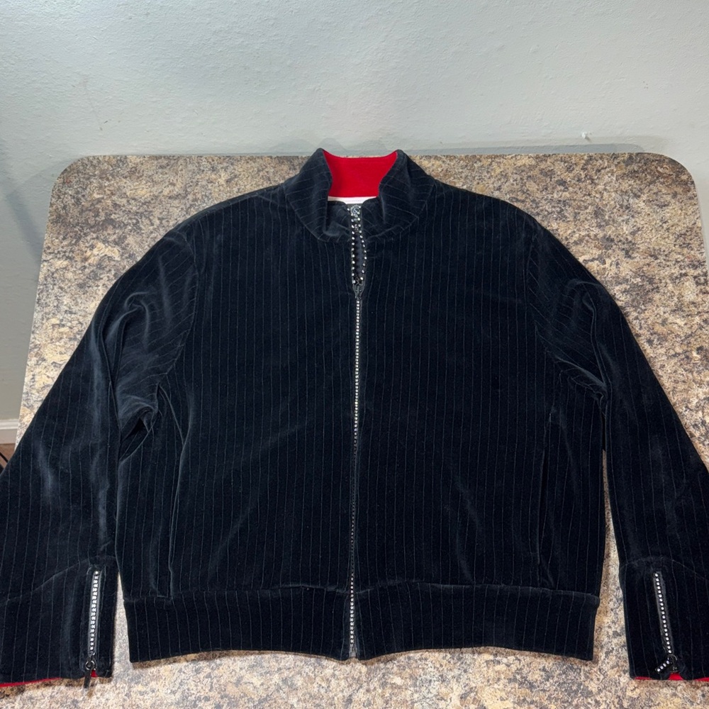 St.John Sport Marie Gray Black Velour Pinstripe Bomber Jacket Rhinestone Zippers
